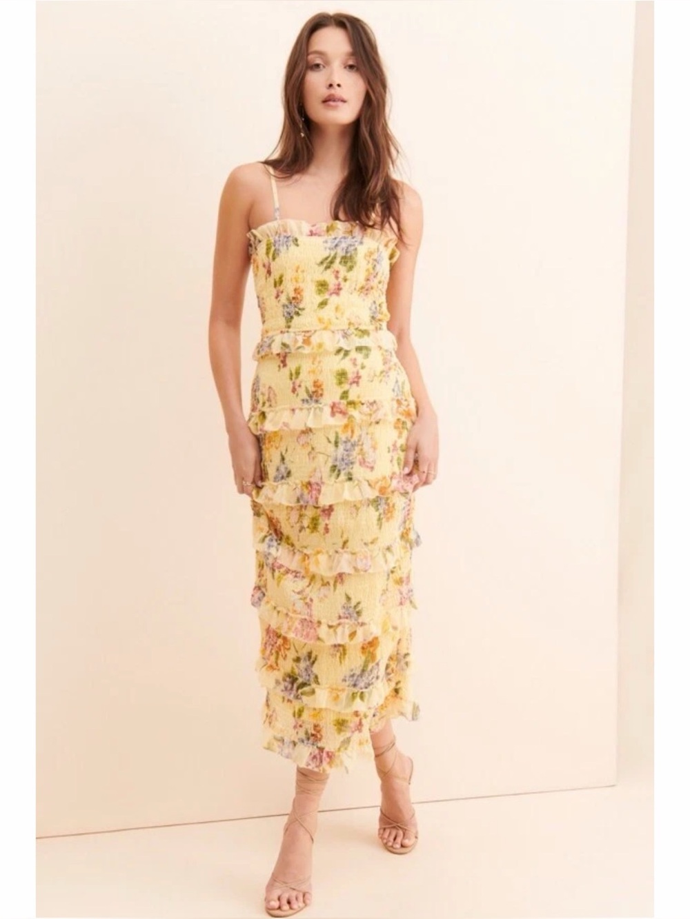 Anthropologie Let Me Be Yellow Floral Tiered Smocked Midi Ruffle Dress Small